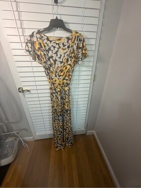 eva mendes for New York & Company Yellow and Black Floral Wrap Maxi Dress